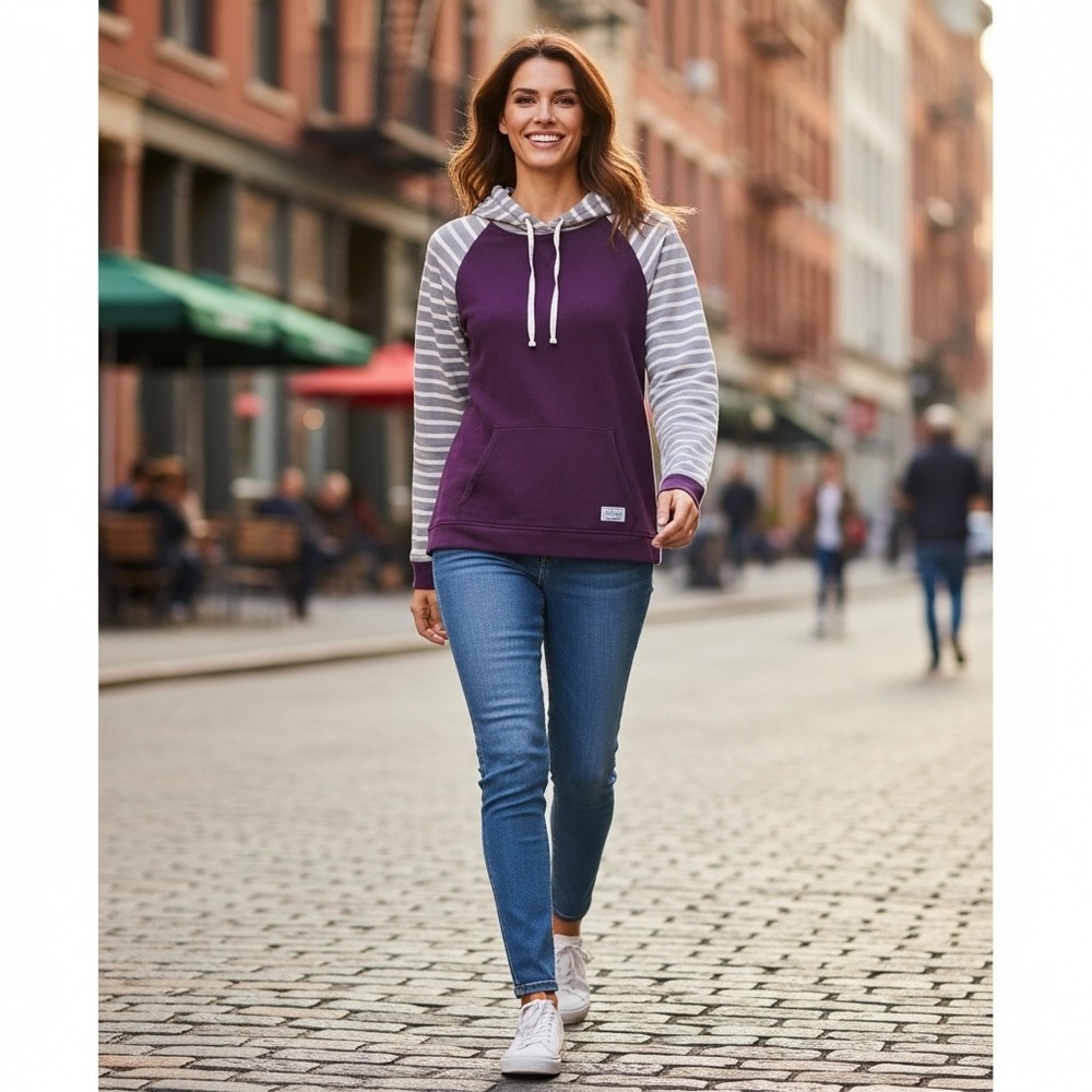 Orvis Womens Purple Striped‎ Raglan Sleeve Hooded Pullover Sweatshirt Small S